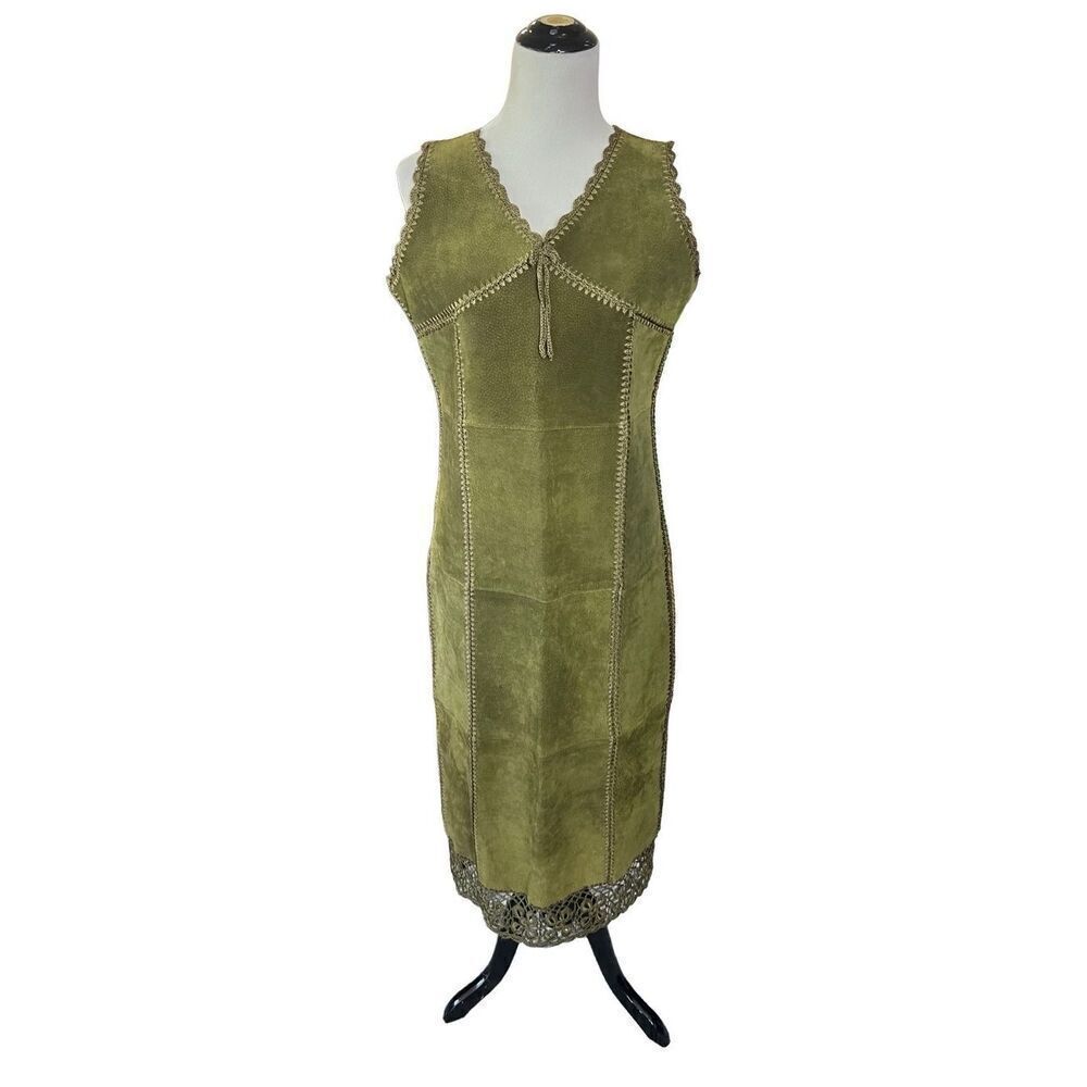 S.M.H. Boutique Patchwork Leather Olive Midi Dress Size 8
